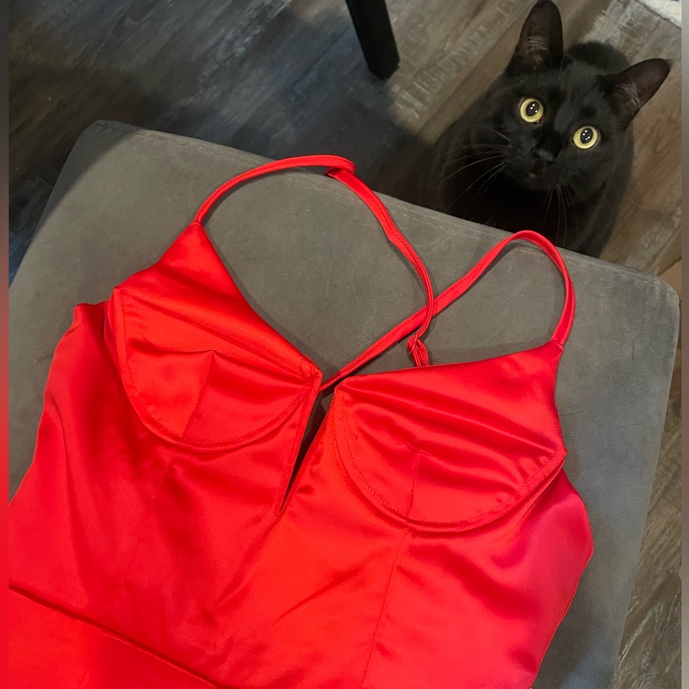 Red Satin Cross-back Pantsuit